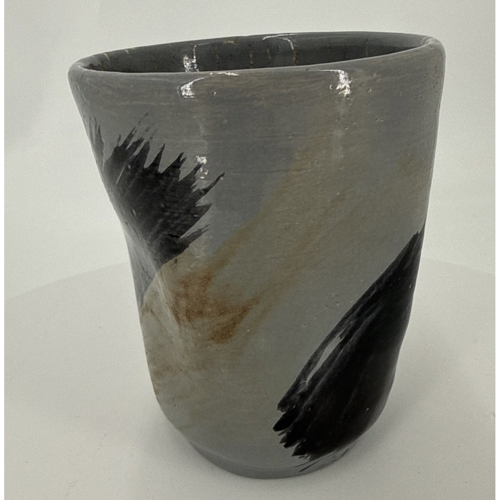 Handmade Handleless Coffee Cup Te Textured/Bent Cup-Blue/Grat Black & Brown-OOAK